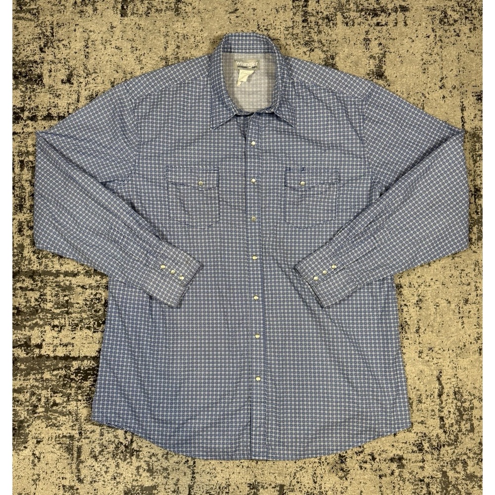 Wrangler Rancher Shirt Mens XXT Blue Geometric Pearl Snap Western Cowboy